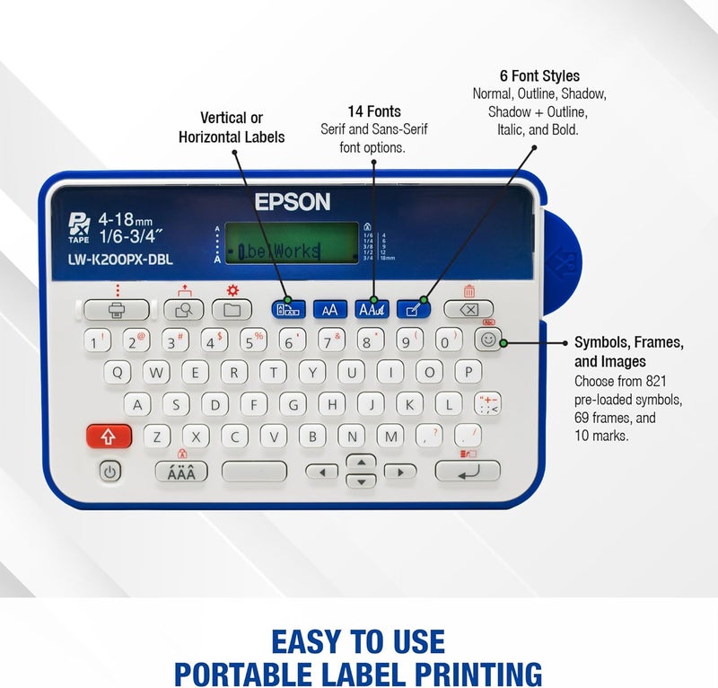 LABELWORKS Epson LW-K200PX-DBL Portable QWERTY Keyboard Label Maker for Home & Hobbies - Craft, Organize, and Personalize - Dark Blue Printer - Image 4